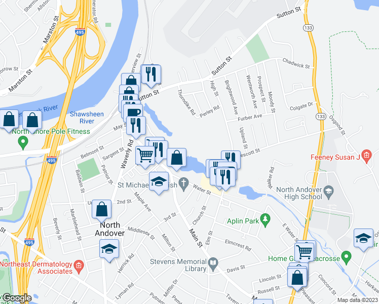 map of restaurants, bars, coffee shops, grocery stores, and more near 148 Main Street in North Andover
