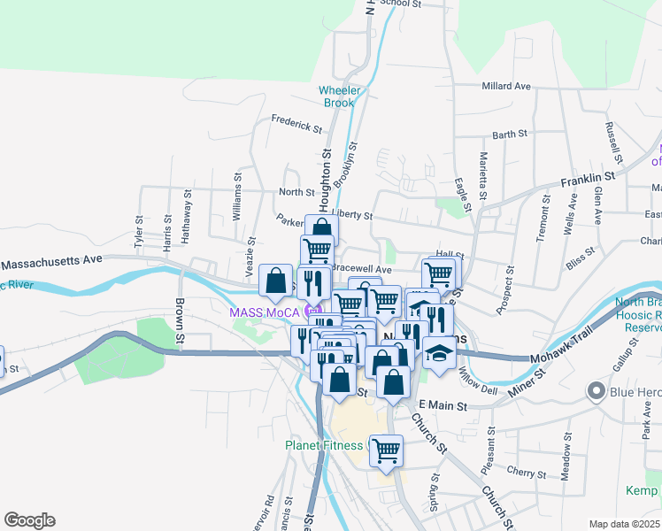 map of restaurants, bars, coffee shops, grocery stores, and more near 169 Bracewell Avenue in North Adams