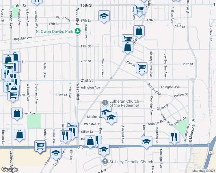 map of restaurants, bars, coffee shops, grocery stores, and more near 2125 Taylor Avenue in Racine