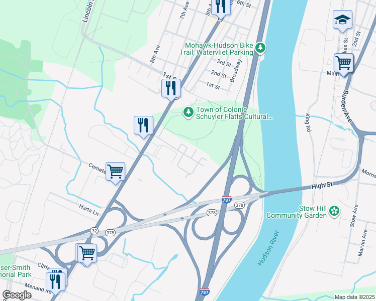 map of restaurants, bars, coffee shops, grocery stores, and more near 593A Broadway in Menands