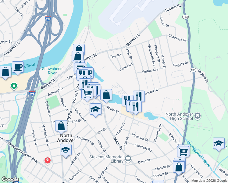 map of restaurants, bars, coffee shops, grocery stores, and more near 148 Main Street in North Andover