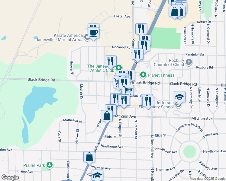 map of restaurants, bars, coffee shops, grocery stores, and more near 1515 Woodman Road in Janesville