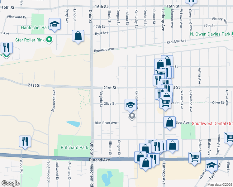 map of restaurants, bars, coffee shops, grocery stores, and more near 2116 Oregon St in Racine