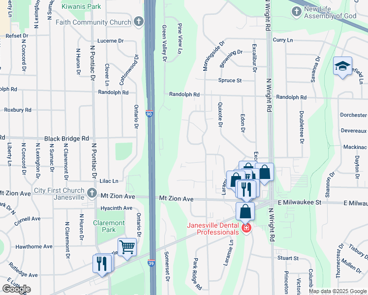 map of restaurants, bars, coffee shops, grocery stores, and more near 1629 Green Forest Run in Janesville