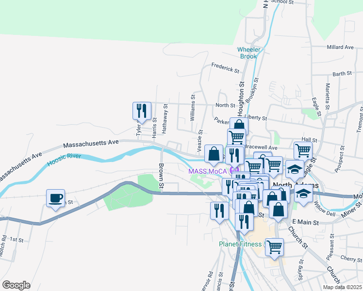 map of restaurants, bars, coffee shops, grocery stores, and more near 59 Loftus St in North Adams