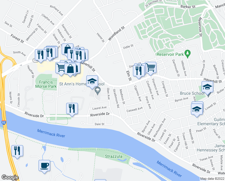 map of restaurants, bars, coffee shops, grocery stores, and more near 6 Strathmore Road in Methuen