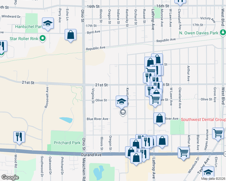 map of restaurants, bars, coffee shops, grocery stores, and more near 2116 Oregon Street in Racine