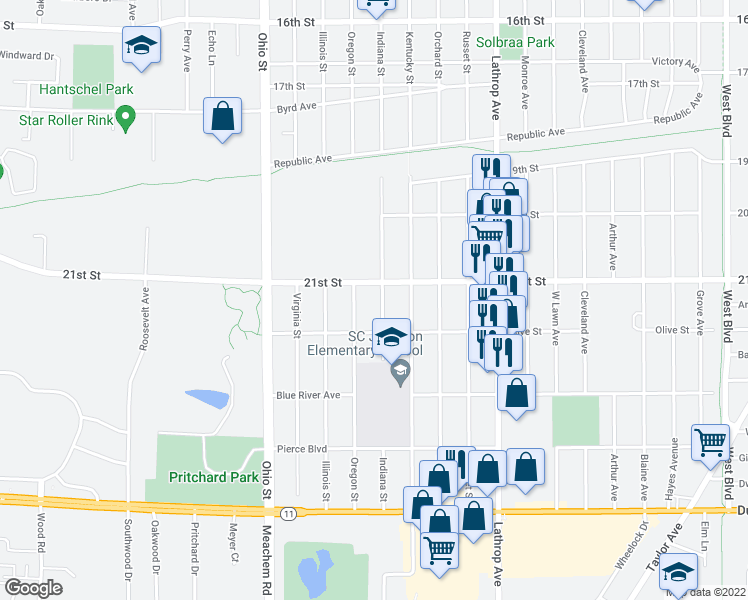 map of restaurants, bars, coffee shops, grocery stores, and more near 2116 Indiana Street in Racine