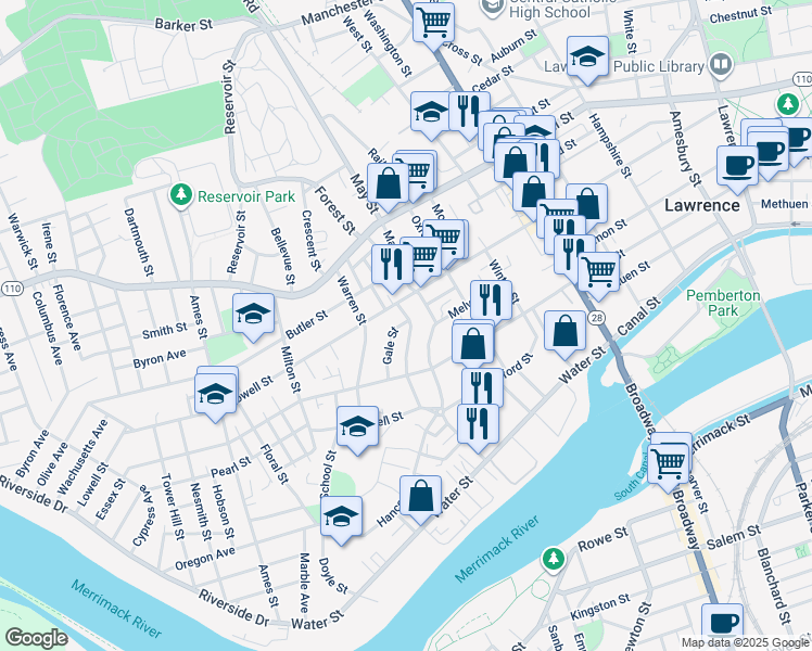 map of restaurants, bars, coffee shops, grocery stores, and more near 96 Greenwood Street in Lawrence