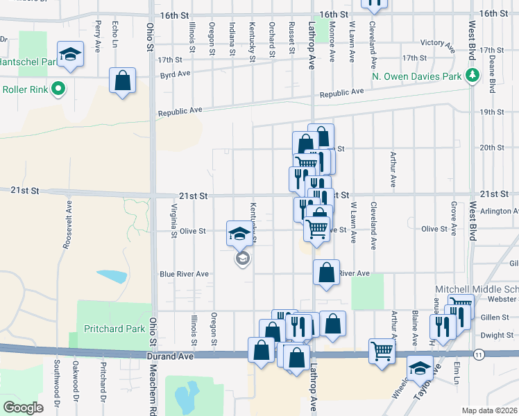 map of restaurants, bars, coffee shops, grocery stores, and more near 2117 Kentucky Street in Racine