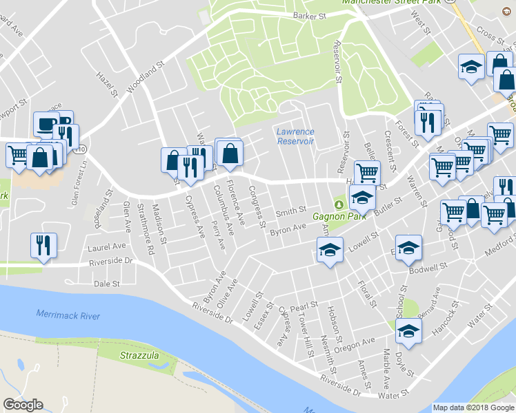 map of restaurants, bars, coffee shops, grocery stores, and more near 48 Congress Street in Lawrence