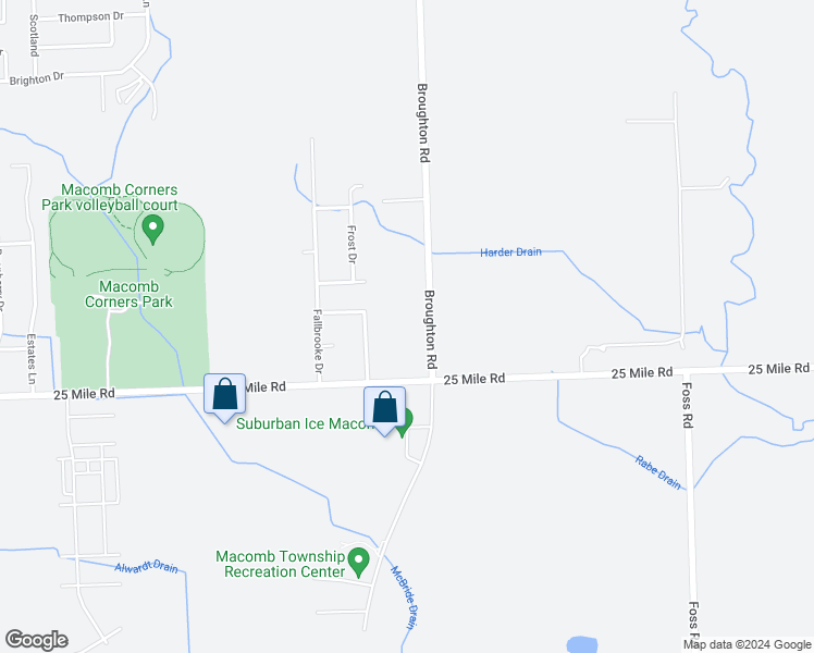 map of restaurants, bars, coffee shops, grocery stores, and more near 55169 Broughton Road in Macomb