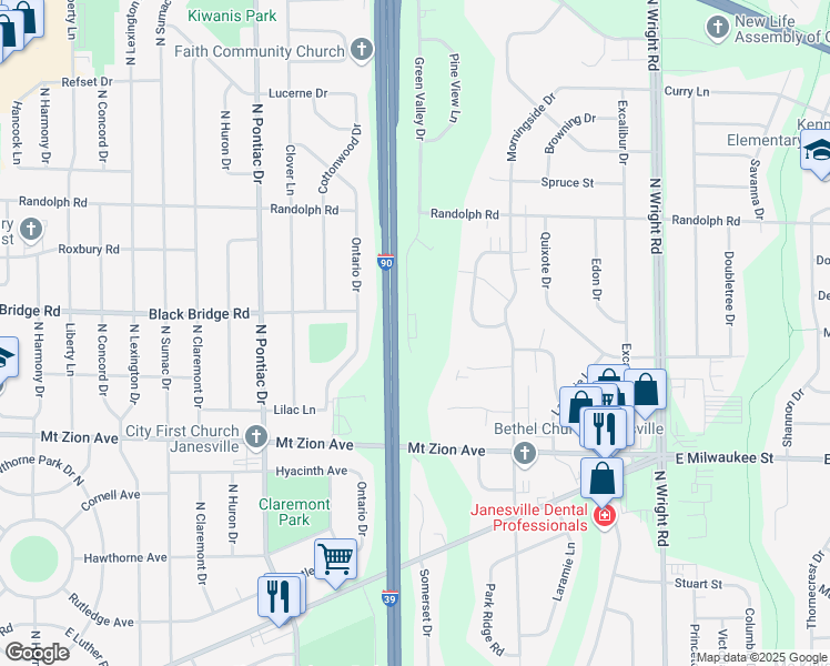 map of restaurants, bars, coffee shops, grocery stores, and more near 1628 Green Valley Drive in Janesville