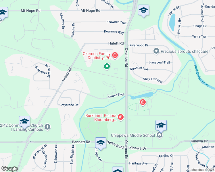 map of restaurants, bars, coffee shops, grocery stores, and more near Southport Circle in Meridian charter Township