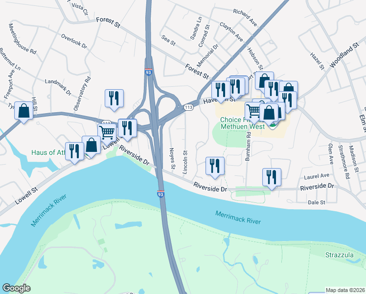 map of restaurants, bars, coffee shops, grocery stores, and more near 35 Lincoln Street in Methuen
