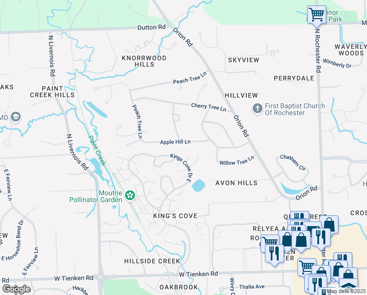map of restaurants, bars, coffee shops, grocery stores, and more near 591 Apple Hill Lane in Rochester Hills