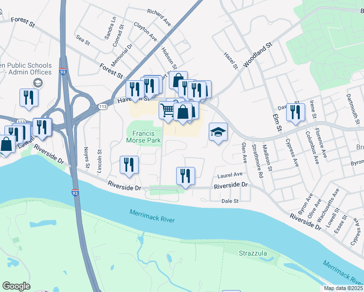 map of restaurants, bars, coffee shops, grocery stores, and more near 30 Burnham Road in Methuen