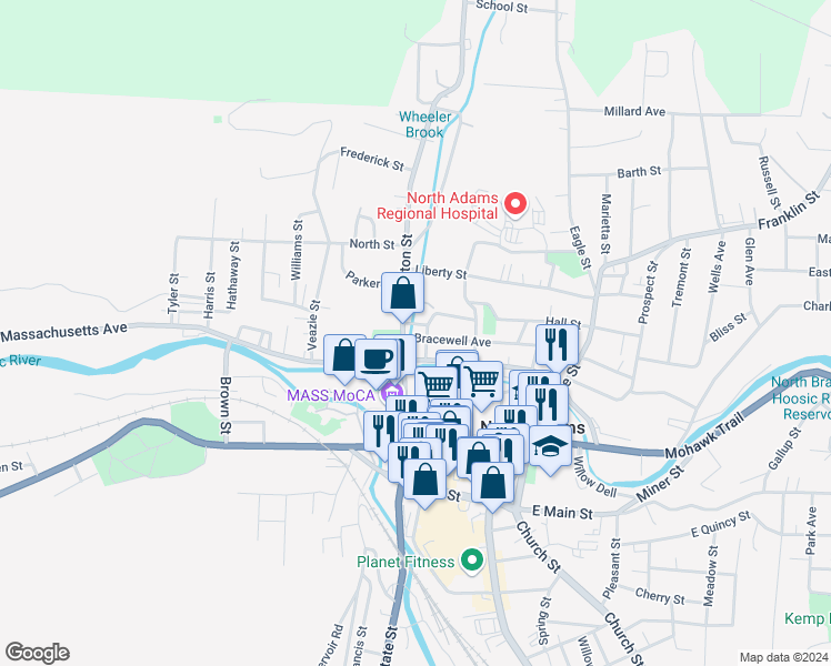 map of restaurants, bars, coffee shops, grocery stores, and more near 169 Bracewell Avenue in North Adams