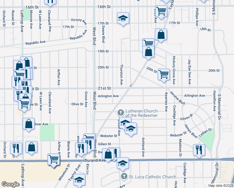 map of restaurants, bars, coffee shops, grocery stores, and more near 2822 Arlington Avenue in Racine