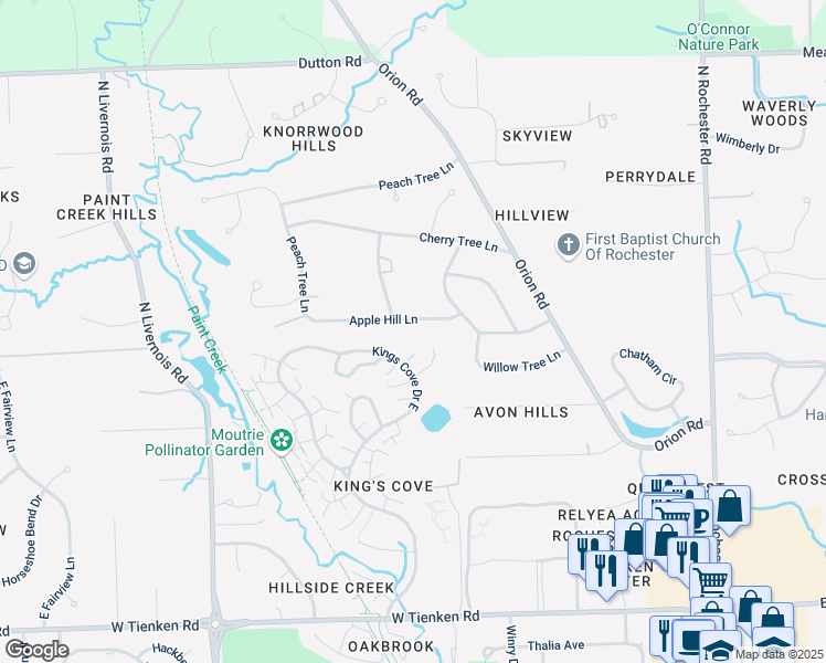 map of restaurants, bars, coffee shops, grocery stores, and more near 591 Apple Hill Lane in Rochester Hills