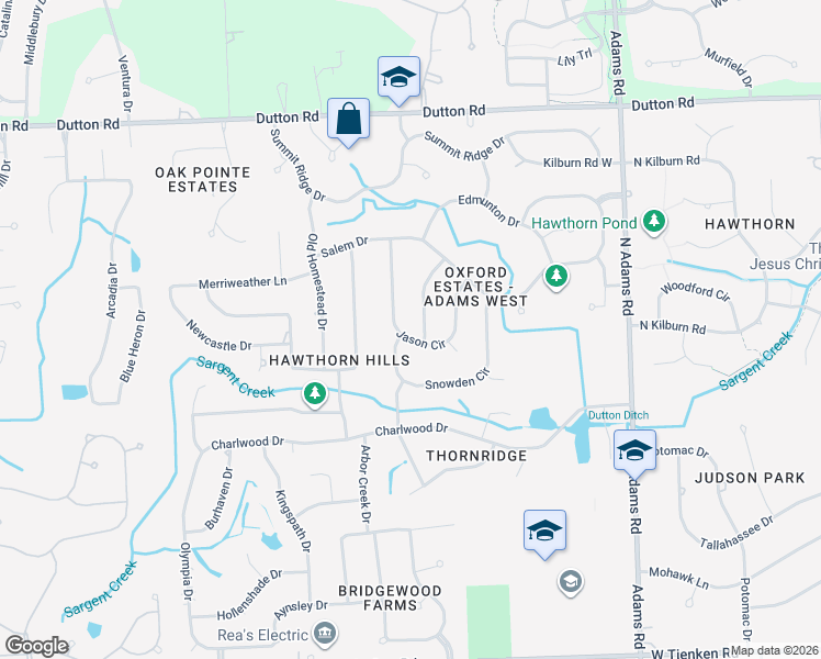 map of restaurants, bars, coffee shops, grocery stores, and more near 1785 Jason Circle in Rochester Hills