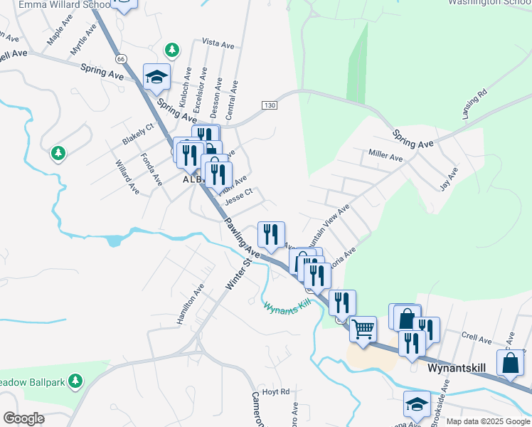 map of restaurants, bars, coffee shops, grocery stores, and more near 1 Marcy Avenue in Troy