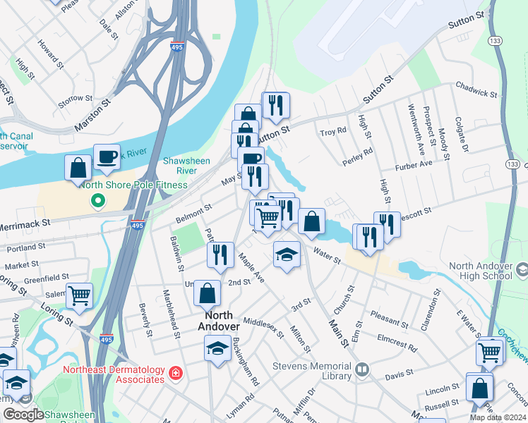 map of restaurants, bars, coffee shops, grocery stores, and more near 48 Waverly Road in North Andover