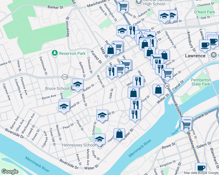 map of restaurants, bars, coffee shops, grocery stores, and more near 96 Greenwood Street in Lawrence
