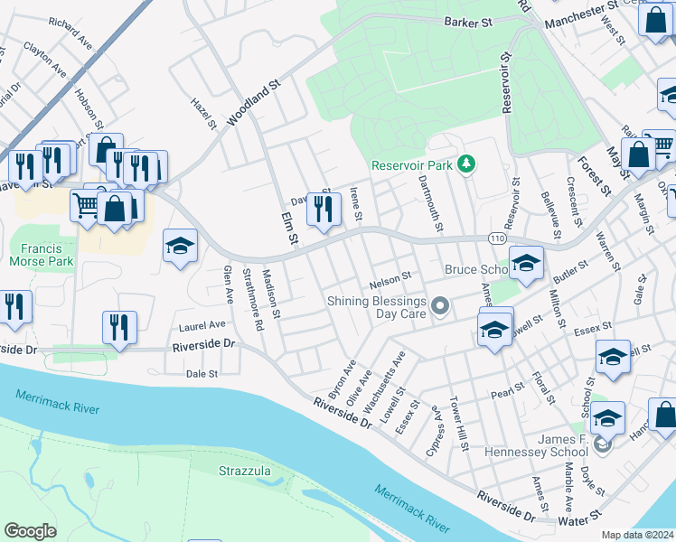 map of restaurants, bars, coffee shops, grocery stores, and more near 98 Perry Avenue in Methuen