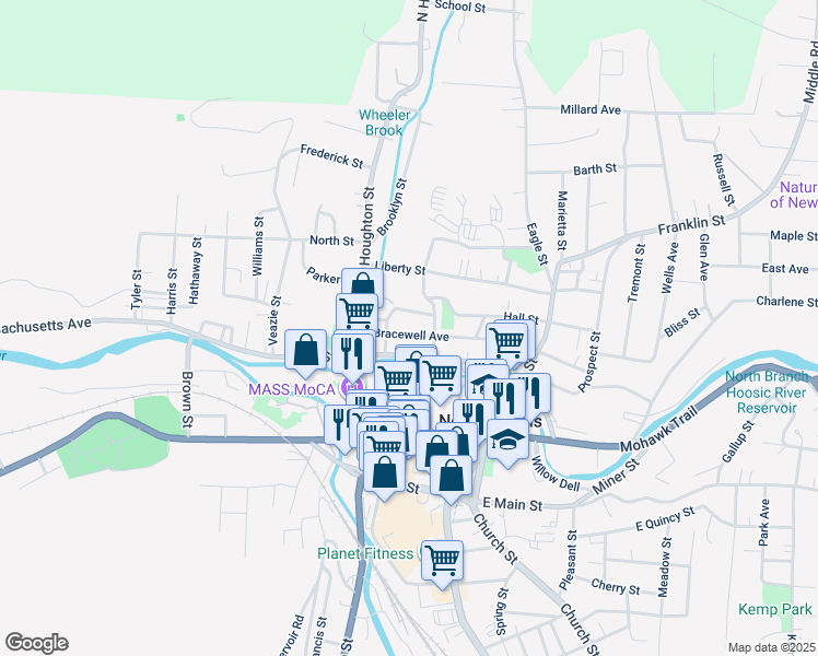 map of restaurants, bars, coffee shops, grocery stores, and more near 125 Bracewell Avenue in North Adams