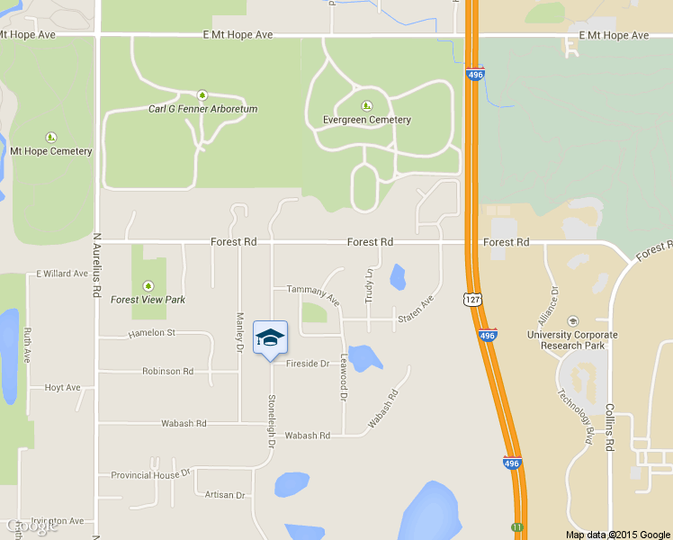 map of restaurants, bars, coffee shops, grocery stores, and more near 2703 Geert Court in Lansing