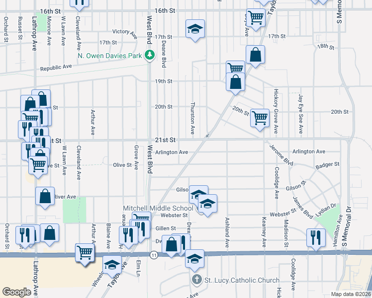 map of restaurants, bars, coffee shops, grocery stores, and more near 2822 Arlington Avenue in Racine