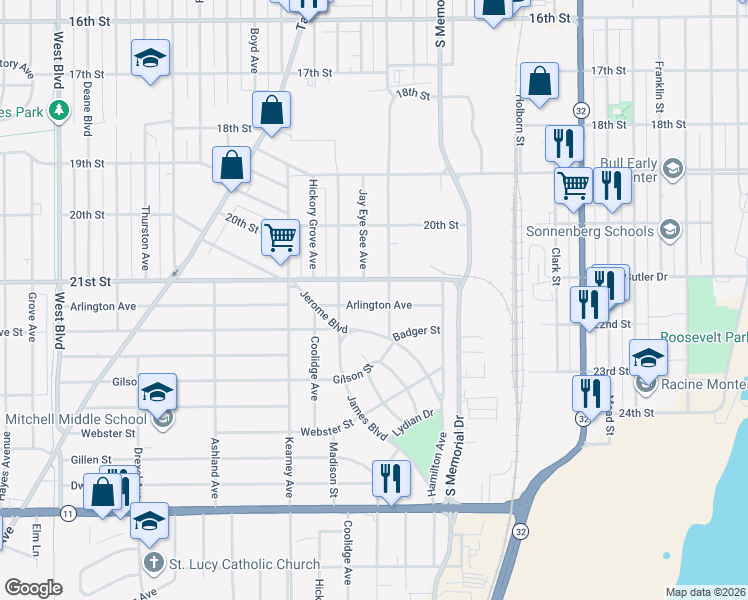 map of restaurants, bars, coffee shops, grocery stores, and more near 1912 Arlington Avenue in Racine