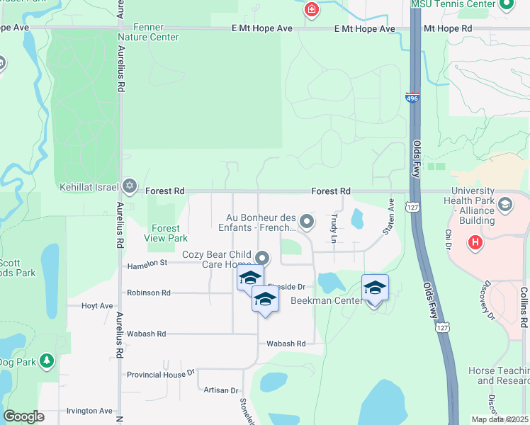 map of restaurants, bars, coffee shops, grocery stores, and more near 2727 Stoneleigh Drive in Lansing