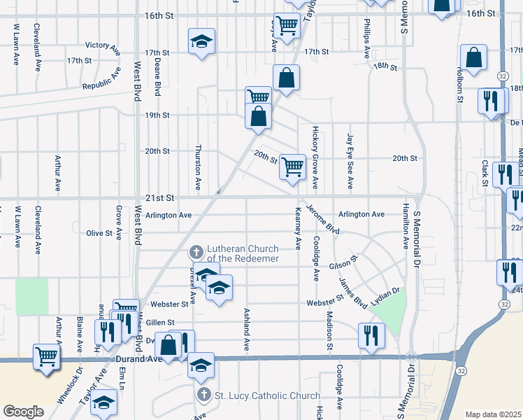 map of restaurants, bars, coffee shops, grocery stores, and more near 2416 Arlington Avenue in Racine