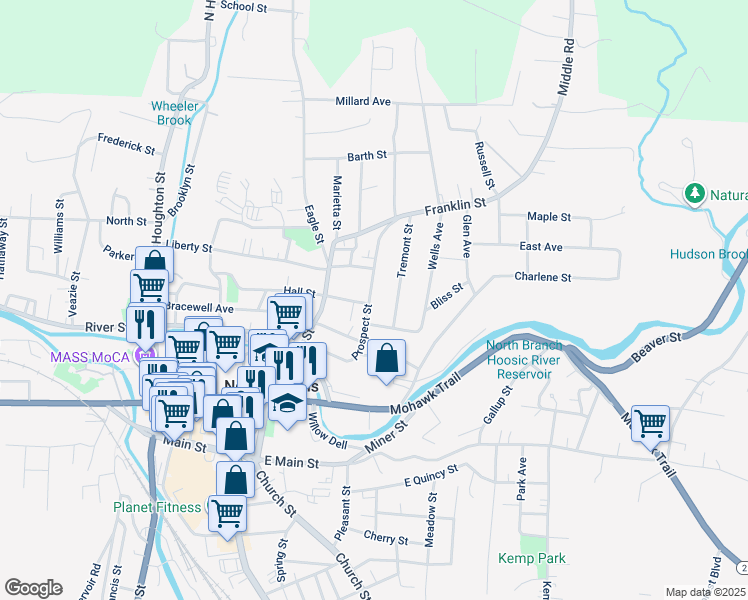 map of restaurants, bars, coffee shops, grocery stores, and more near 136 Prospect Street in North Adams