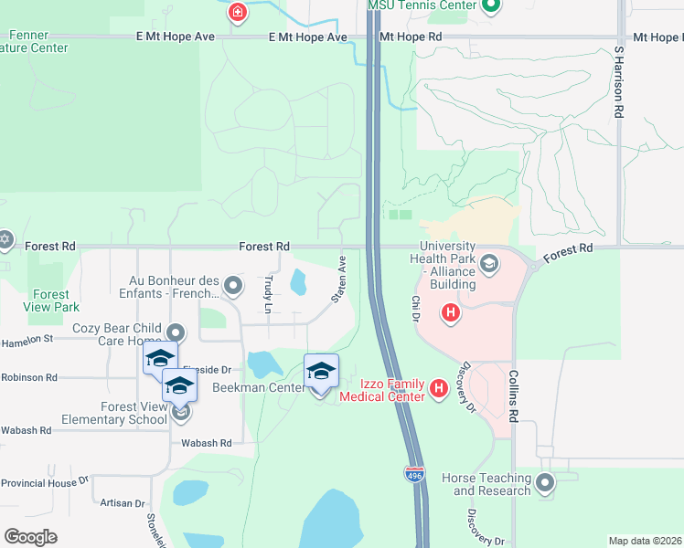 map of restaurants, bars, coffee shops, grocery stores, and more near 3120 Staten Avenue in Lansing