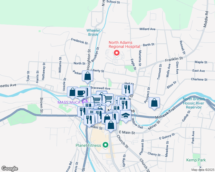 map of restaurants, bars, coffee shops, grocery stores, and more near 34 North Holden Street in North Adams