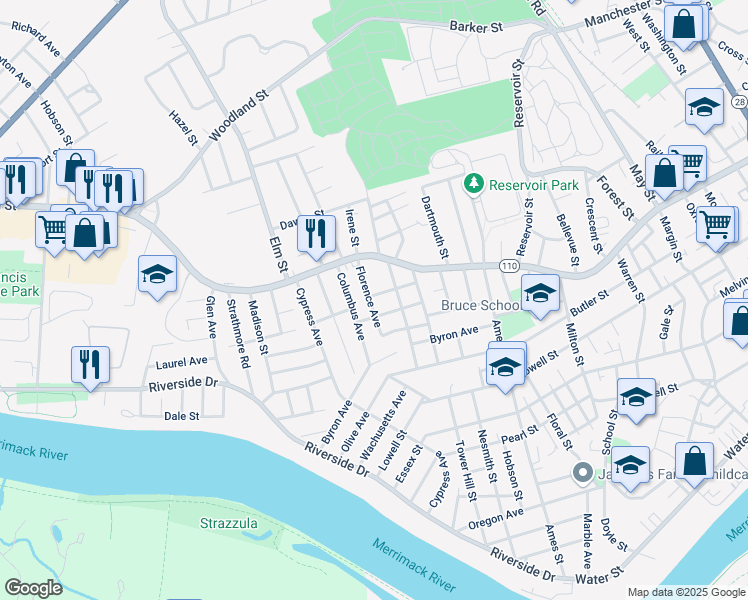 map of restaurants, bars, coffee shops, grocery stores, and more near 32 Magnolia Street in Lawrence