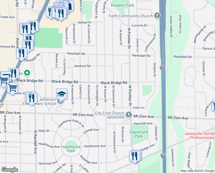 map of restaurants, bars, coffee shops, grocery stores, and more near 1615 North Claremont Drive in Janesville