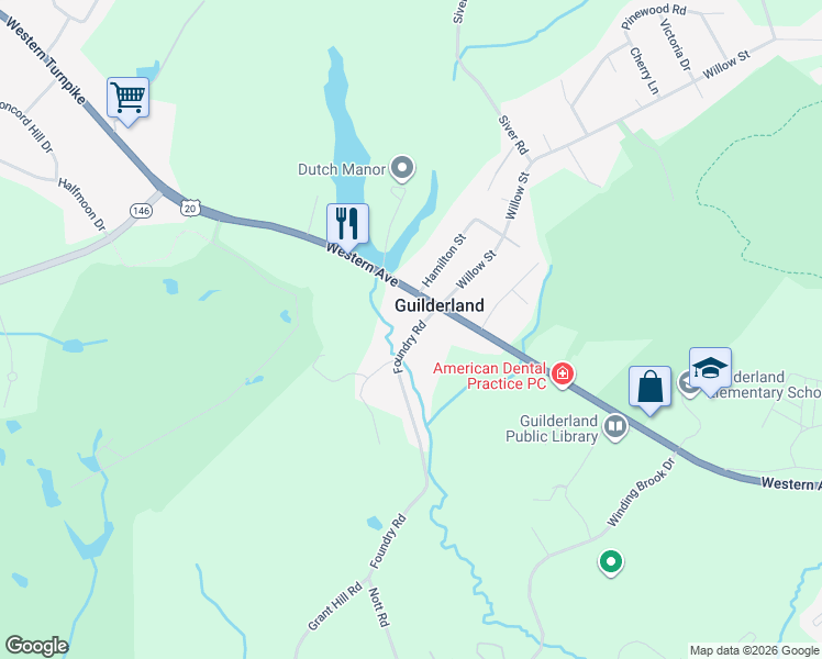map of restaurants, bars, coffee shops, grocery stores, and more near 6301 Foundry Road in Guilderland