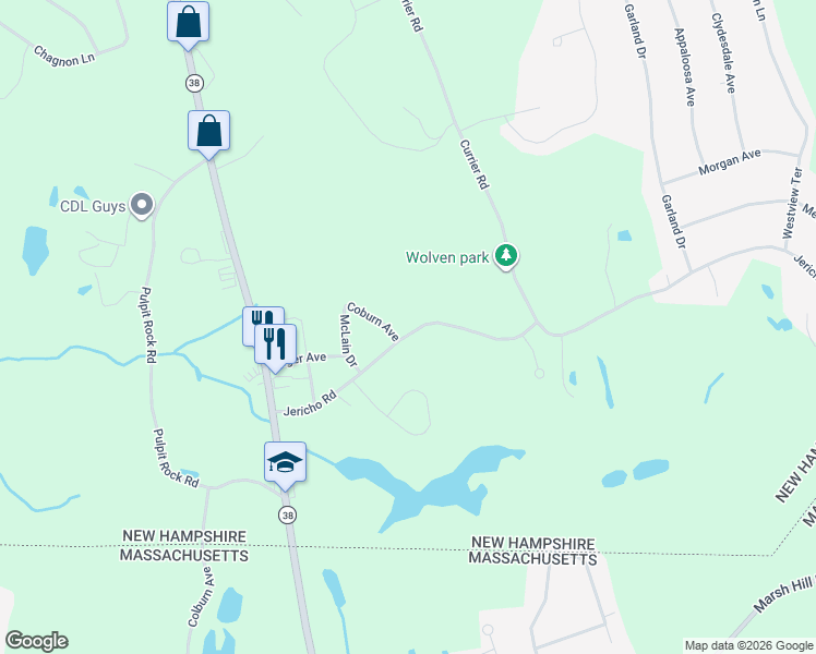 map of restaurants, bars, coffee shops, grocery stores, and more near 32 Jericho Road in Pelham