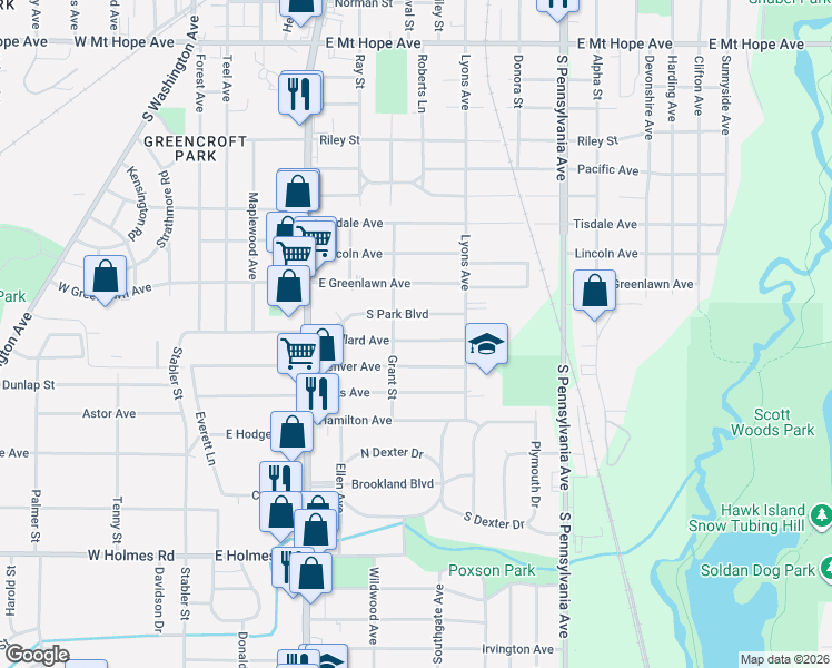 map of restaurants, bars, coffee shops, grocery stores, and more near 601 East Willard Avenue in Lansing