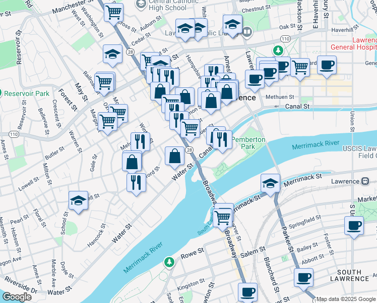 map of restaurants, bars, coffee shops, grocery stores, and more near 4 Broadway in Lawrence
