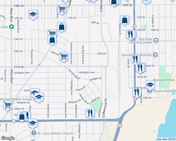 map of restaurants, bars, coffee shops, grocery stores, and more near 1912 Arlington Avenue in Racine
