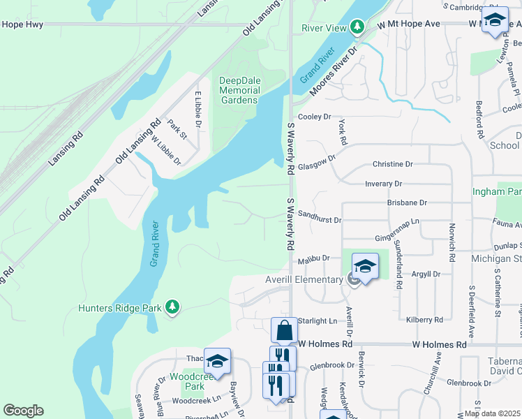 map of restaurants, bars, coffee shops, grocery stores, and more near 4012 Harbour Cove in Lansing