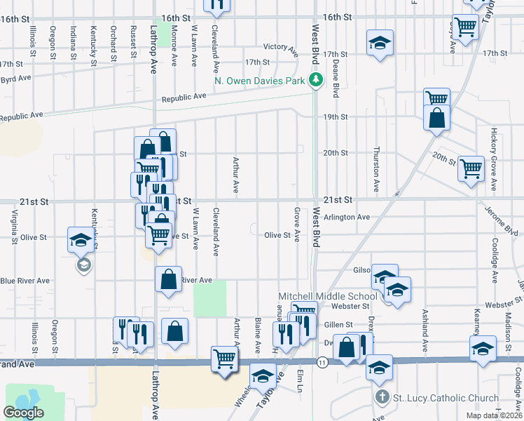 map of restaurants, bars, coffee shops, grocery stores, and more near 2113 Blaine Avenue in Racine