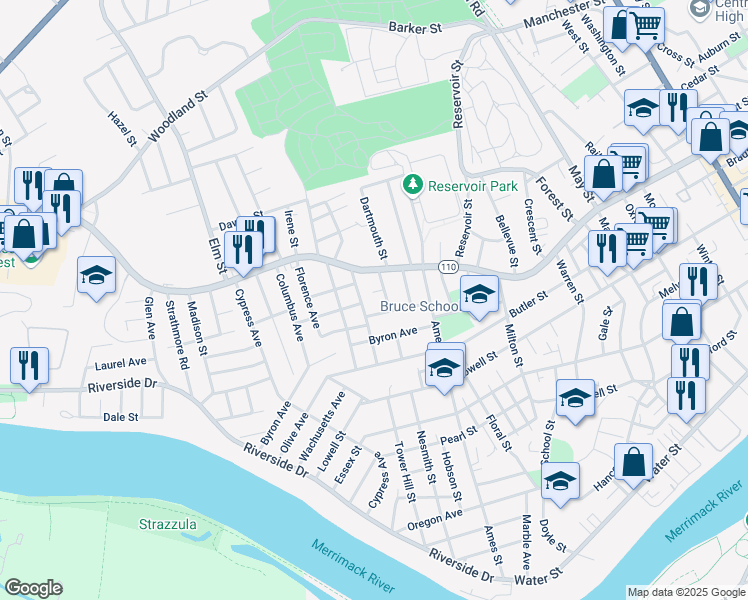 map of restaurants, bars, coffee shops, grocery stores, and more near 45 Middlebury Street in Lawrence