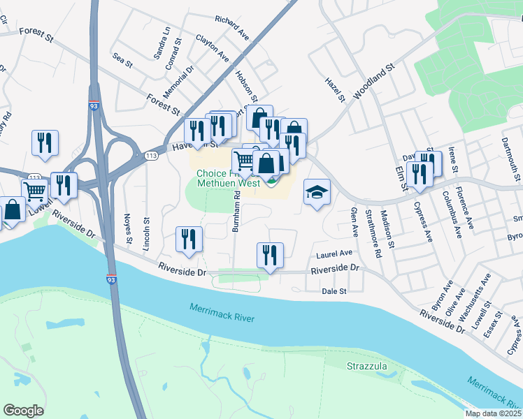 map of restaurants, bars, coffee shops, grocery stores, and more near 30 Burnham Road in Methuen