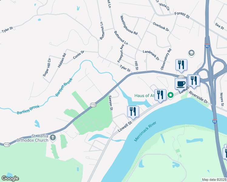map of restaurants, bars, coffee shops, grocery stores, and more near 55 Sawyer Street in Methuen